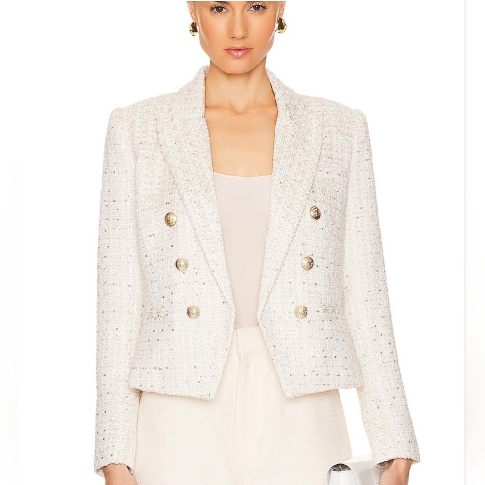 L’Agence Brooke Embossed Cotton Tweed Metallic Ivory Gold Blazer